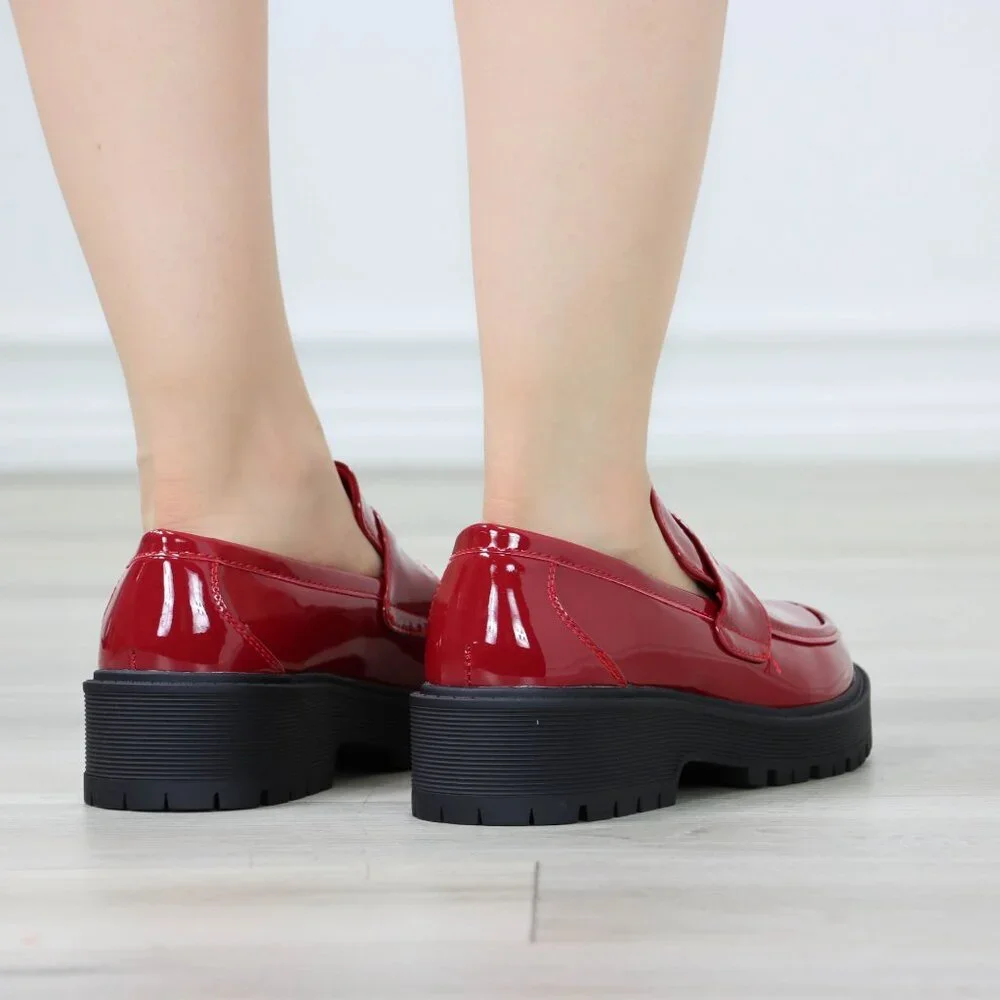 Womens Chunky Penny Loafer Lug Sole Slip On Platform Red Patent - Picture 16 of 16